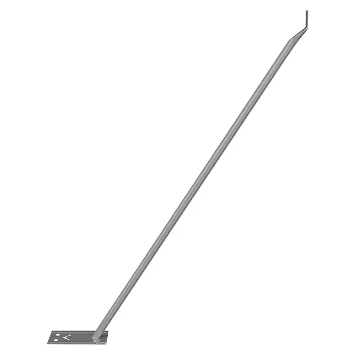 Schake Bauzaun Stützstrebe - Stahl, Verzinkt - Abgewinkelter grauer Metallstützpfosten mit flacher Basis.