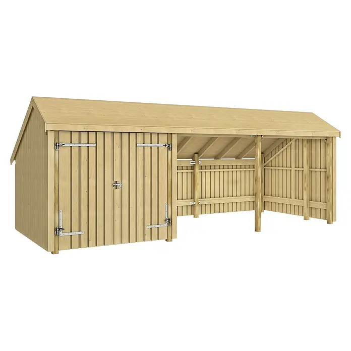Plus Gartenhaus Multi - Außenmaß inkl. Dachüberstand (B x T): 650 x 266 cm, Holz, Natur, Halboffen inkl. Doppeltür (2 offene Module) - Heller Holzschuppen mit angebautem Unterstand, ideal für Lagerung oder Witterungsschutz.