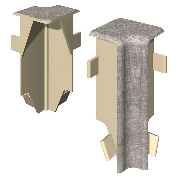 Egger Innenecke Cubical - Stein grau, 2 Stk., Passend für: Egger Cubical Sockelleisten 14 x 58 mm - Zwei beige modulare Eckverbinder; einer ist schlicht, der andere hat einen grauen Stoffüberzug.