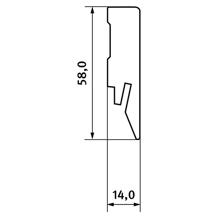 Egger Sockelleiste Cubical L447 Meran Eiche - 240 cm x 14 mm x 58 mm, MDF - Abbildung eines Profils mit den Maßen 58,0 mm in der Höhe und 14,0 mm in der Breite. Ideal für Bau- oder Designprojekte.
