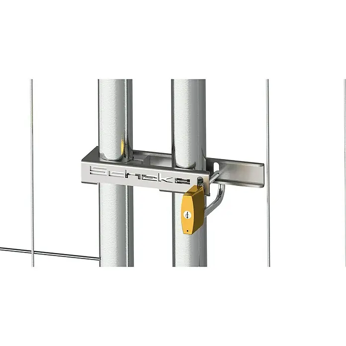 Schake Vorhängeschloss Bauzaunschloss - B x H: 65 x 25 mm, 1 Stk., Stahl - SCHEKE Torschloss: Metallriegel, gesichert mit einem leuchtend gelben Vorhängeschloss.