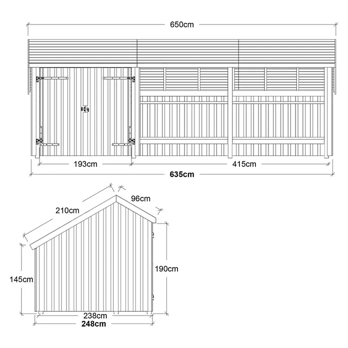 Plus Gartenhaus Multi - Außenmaß inkl. Dachüberstand (B x T): 650 x 266 cm, Holz, Natur, Halboffen inkl. Dachpappe und Aluleisten (2 offene Module) - Technische Zeichnung eines Gartenhauses mit Spitzdach, Vorder- und Seitenansicht, Maße 650cm Breite und 248cm Tiefe.