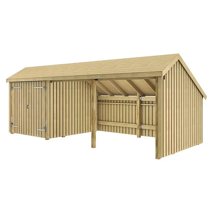 Plus Gartenhaus Multi - Außenmaß inkl. Dachüberstand (B x T): 650 x 266 cm, Holz, Natur, Halboffen inkl. Doppeltür (2 offene Module) - Holzschuppen aus Naturholz mit geschlossenem Stauraum und offenem Unterstand.