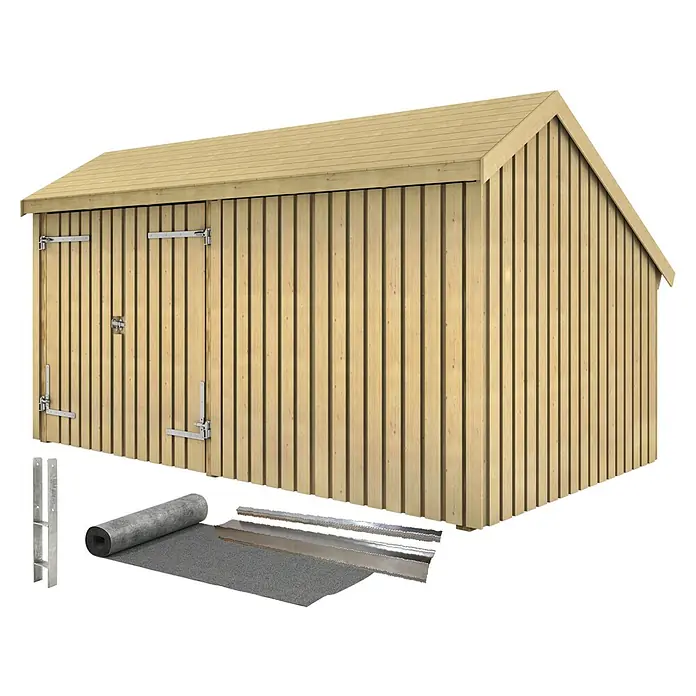Plus Gartenhaus Multi - Außenmaß inkl. Dachüberstand (B x T): 446 x 266 cm, Holz, Natur, Geschlossen inkl. H-Pfostenanker, Dachpappe und Aluleisten - Gartenhaus aus hellem Holz mit Doppeltür, Pultdach und Zubehör (Dachpappe, Metallprofile, Pfosten).