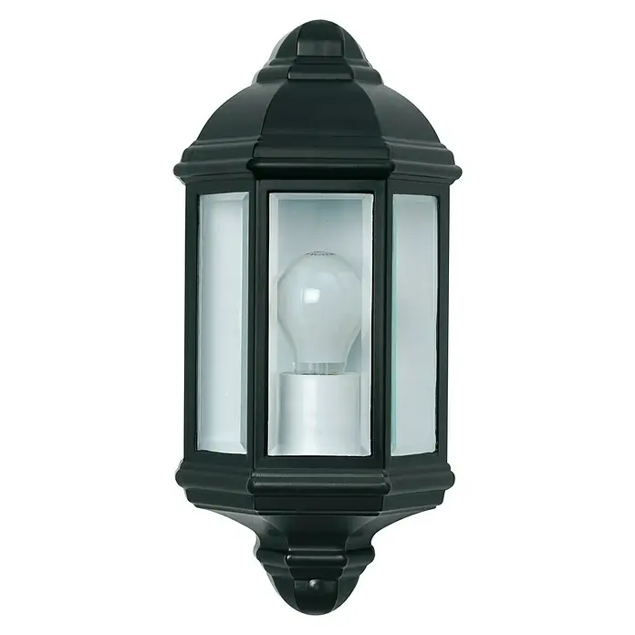 Aplique exterior Hamar - 60 W, 17,2 x 10 x 36,5 cm, Negro, IP33 - Aplique de pared exterior hexagonal negro con paneles de vidrio transparente y bombilla en el interior.