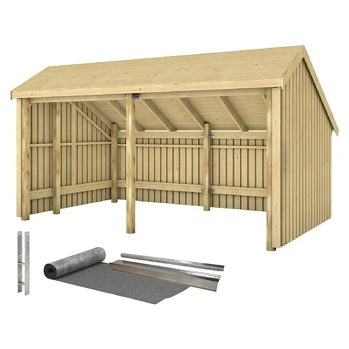 Plus Gartenhaus Multi - Außenmaß inkl. Dachüberstand (B x T): 446 x 266 cm, Holz, Natur, Offen inkl. Halboffen inkl. Dachpappe und Aluleisten - Leichter Holz-Anlehn-Schuppen-Bausatz mit Dachpappe, Metallprofilen und Pfostenankern zur Montage.