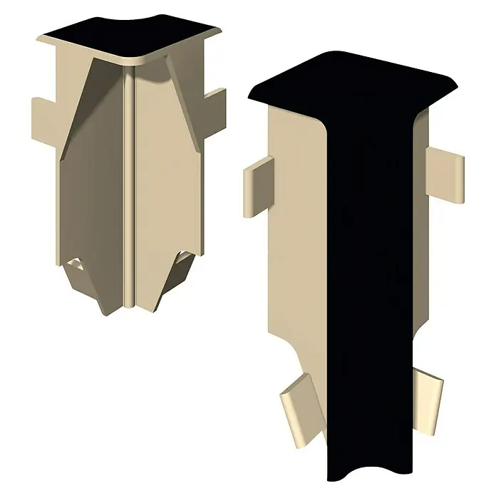 Egger Innenecke Cubical - Universal schwarz, 2 Stk., Passend für: Egger Cubical Sockelleisten 14 x 58 mm - Beiges und schwarzes Kunststoff-Eckprofil mit Klammern zur Verkleidung oder Kabelführung.