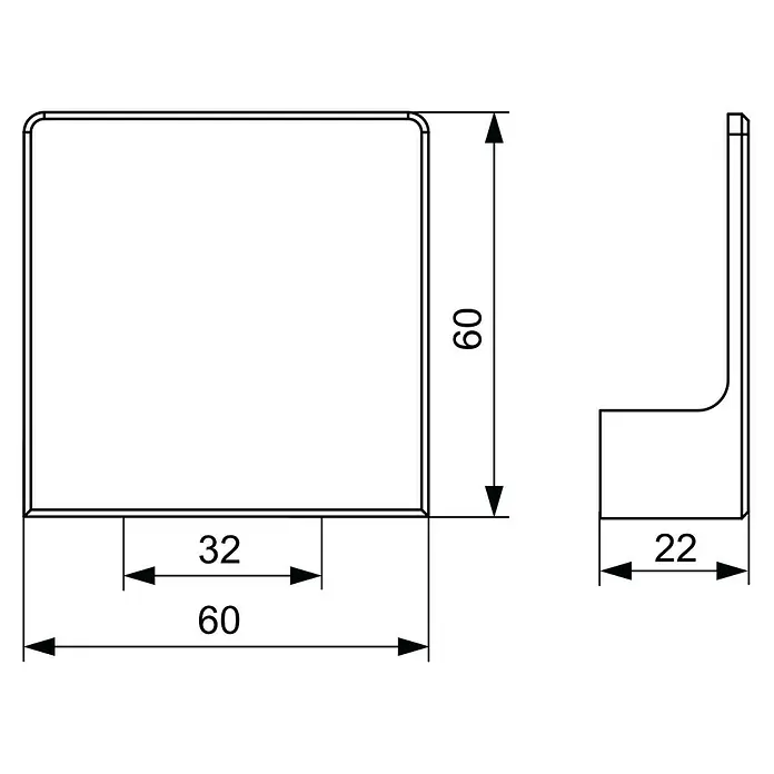 Walteco Möbelknopf Billy - L x B x H: 60 x 60 x 22 mm, Aluminium, Schwarz matt - Bemaßte Zeichnung eines Eckprofils mit Gesamtmaßen 60x60x22 mm.
