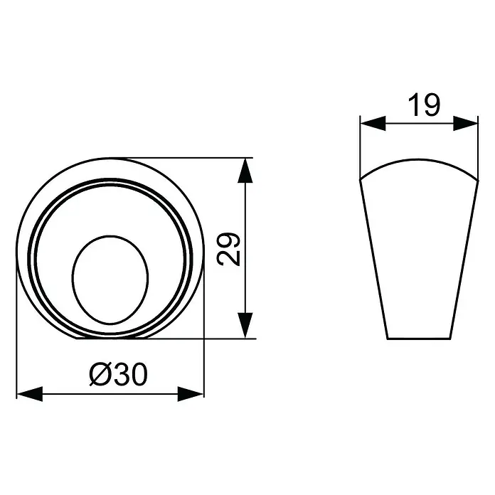 Walteco Möbelknopf Loreen - Durchmesser: 30 mm, Sonstige, Schwarz matt - Technische Zeichnung eines konischen Rundbauteils: Ø30mm Basis, 29mm Höhe, Ø19mm Oberseite.