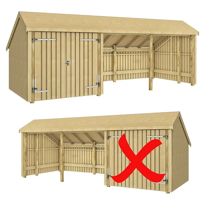 Plus Gartenhaus Multi - Außenmaß inkl. Dachüberstand (B x T): 650 x 266 cm, Holz, Natur, Halboffen inkl. Dachpappe und Aluleisten (2 offene Module) - Helle Holzscheune mit Giebeldach und integriertem offenem Unterstand für den Außenbereich.