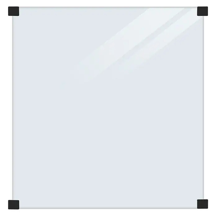Plus Sichtschutzzaun für runde Pfosten - 90 x 91 cm, Transparent, 8,7 mm - Das Bild zeigt eine moderne, quadratische Glas-Whiteboard-Oberfläche mit schwarzem Rahmen, ideal für Büros und kreative Arbeitsbereiche.