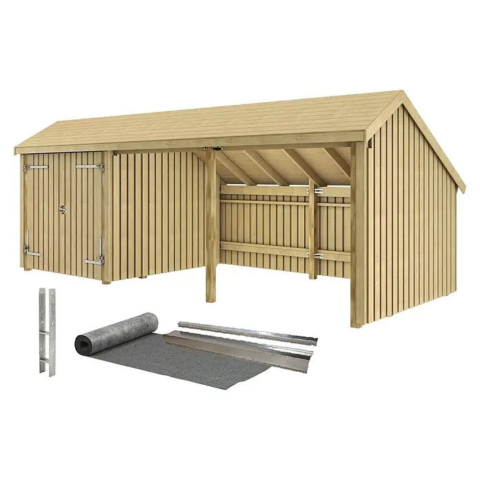 Plus Gartenhaus Multi - Außenmaß inkl. Dachüberstand (B x T): 650 x 266 cm, Holz, Natur, Halboffen inkl. H-Pfostenanker, Dachpappe und Aluleisten (2 offene Module) - Hellbrauner Holzgartenschuppen mit angebautem offenem Unterstand, begleitet von Dachpappe und Metallkomponenten.