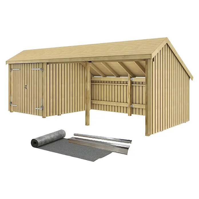 Plus Gartenhaus Multi - Außenmaß inkl. Dachüberstand (B x T): 650 x 266 cm, Holz, Natur, Halboffen inkl. Dachpappe und Aluleisten (2 offene Module) - Helles Holzgartenhaus mit integriertem Carport, dazu eine Rolle Dachpappe und Metallblitzbleche.