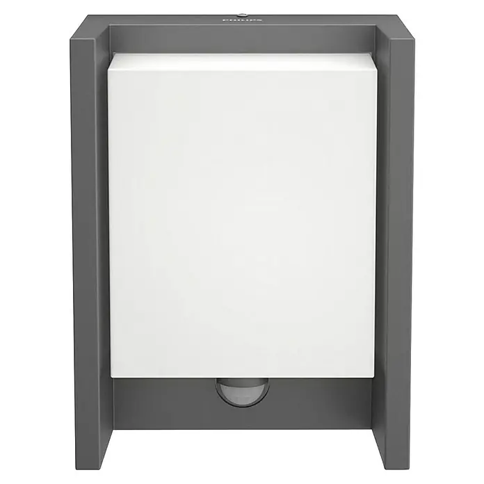 Philips Arbour LED-Sensor-Außenwandleuchte - 3,8 W, 16,5 x 7,5 x 22 cm, IP44 - Nahaufnahme einer Philips Außenleuchte mit grauem Rahmen und weißem, quadratischem Diffusor, der ein modernes und elegantes Design zeigt.