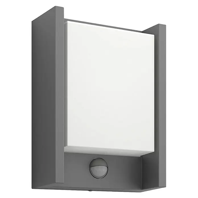 Philips Arbour LED-Sensor-Außenwandleuchte - 3,8 W, 16,5 x 7,5 x 22 cm, IP44 - Nahaufnahme einer modernen grauen Außenwandleuchte mit einem quadratischen, weißen Diffusor und Bewegungssensor.