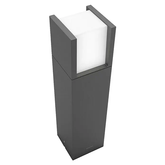 Philips Arbour Außensockelleuchte - Warmweiß, 10 x 10 x 40 cm, Mit Leuchtmittel - Diese Aufnahme zeigt eine graue Philips Außenleuchte mit einem hellen, quadratischen Leuchtkörper, ideal für moderne Gärten.