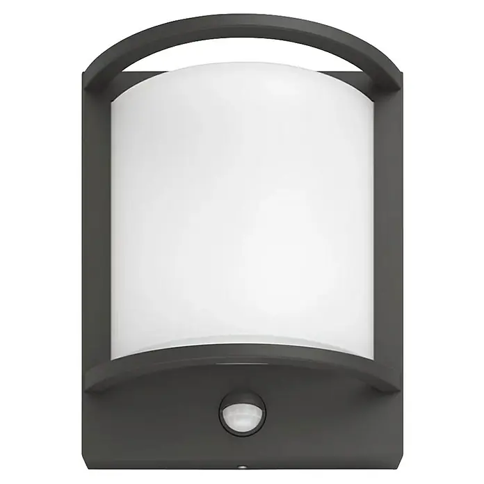 Philips LED-Sensor-Außenwandleuchte Samondra - 3,8 W, Lichtfarbe: Warmweiß, IP44 - Eine moderne Wandleuchte mit Bewegungssensor. Die Lampe hat ein graues Gehäuse und einen zylinderförmigen, weißen Lampenschirm.