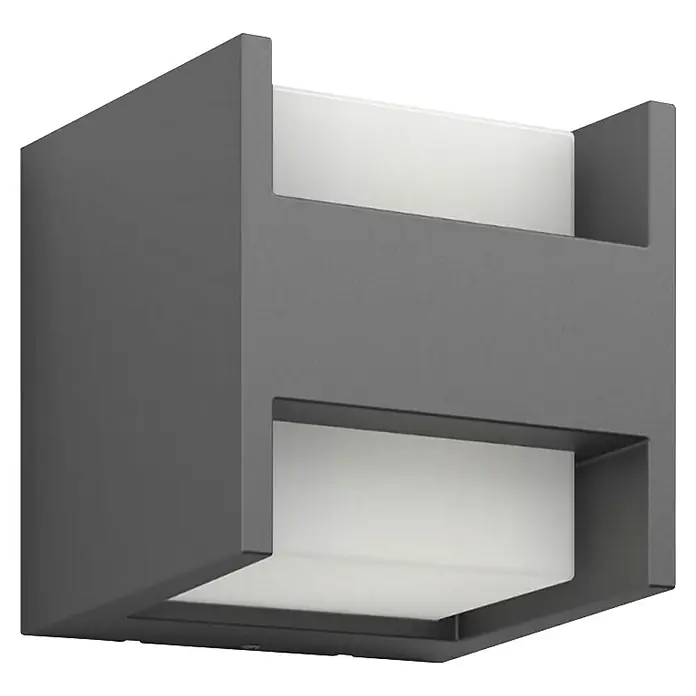 Philips Arbour LED-Außenwandleuchte - 3,8 W, 13 x 13 x 13 cm, IP44 - Nahaufnahme einer modernen, grauen Wandleuchte mit indirekter Beleuchtung, die ein stilvolles Ambiente schafft.\n