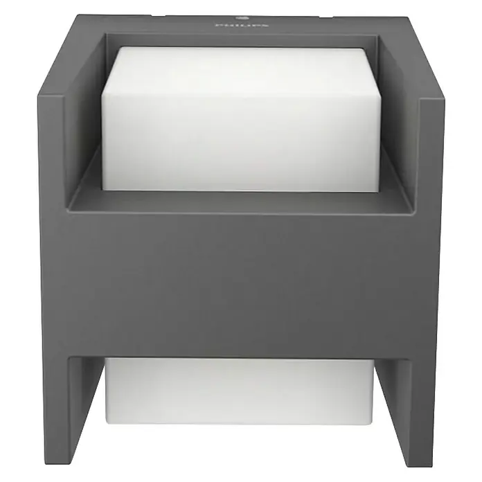 Philips Arbour LED-Außenwandleuchte - 3,8 W, 13 x 13 x 13 cm, IP44 - Das Bild zeigt eine moderne Philips Wandleuchte in Grau mit zwei weißen Lichtquellen. Ideal für den Außenbereich und zur stilvollen Beleuchtung.