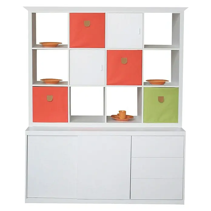 Phönix Aufbewahrungsbox Stor It - L x B x H: 34 x 34 x 34 cm, Kunststoff, Orange - Dieses Bild zeigt ein weißes, modernes Sideboard mit Regalen und bunten Aufbewahrungsboxen, ideal für stilvolle Ordnung.