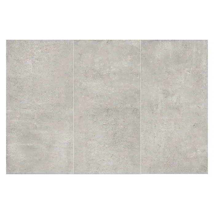 My Home Feinsteinzeugfliese - 60 x 120 cm, Grau, Matt - Drei hellgraue Fliesen in Betonoptik mit sichtbaren Fugen und strukturierter Oberfläche.