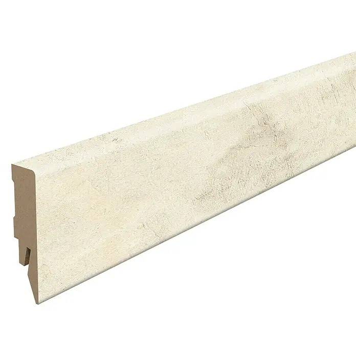 Egger Sockelleiste Cubical L581 Chromix weiss - 240 cm x 14 mm x 58 mm, MDF - Eine cremefarbene Sockelleiste mit leicht strukturierter Oberfläche für einen eleganten Übergang zwischen Wand und Boden.