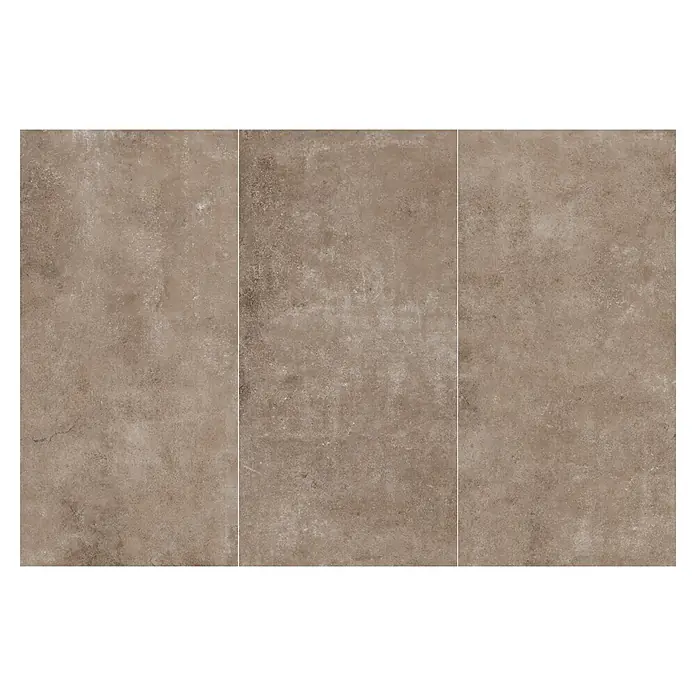 My Home Feinsteinzeugfliese - 60 x 120 cm, Taupe, Matt - Drei rechteckige, strukturierte bräunlich-graue Fliesen, ideal für moderne Wand- oder Bodenbeläge.