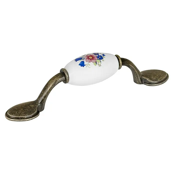 Walteco Möbelgriff Della - Lochabstand: 76 mm, Sonstige, Brüniert - Antiker Messing Möbelgriff mit weißem ovalem Keramikteil und Blumenmuster.