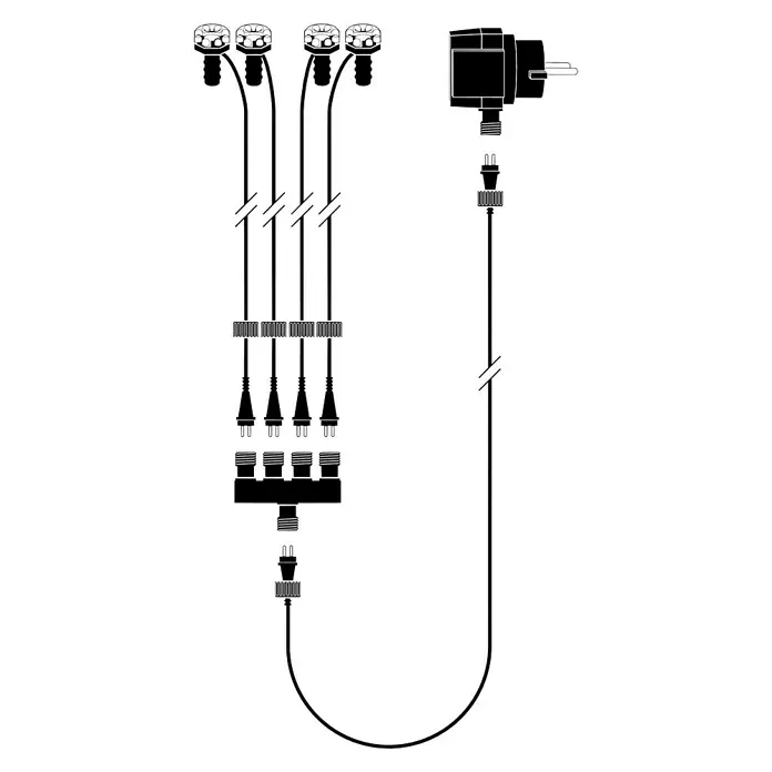 Ubbink AcquaArte Gartenbrunnen Sedona - 77 x 55 x 134 cm, Kunststoff, Grau, Braun - Illustration einer elektrischen Gartenleuchtenanlage mit vier Strahlern, Kabeln und einem Netzteil.