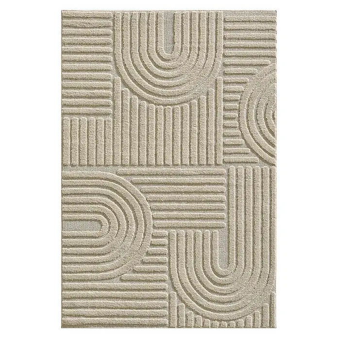 Kurzflorteppich Art - Beige, 150 x 80 cm, 100 % Polypropylen - Beige getufteter Teppich mit erhabenem geometrischem Muster aus Bögen und geraden Linien.