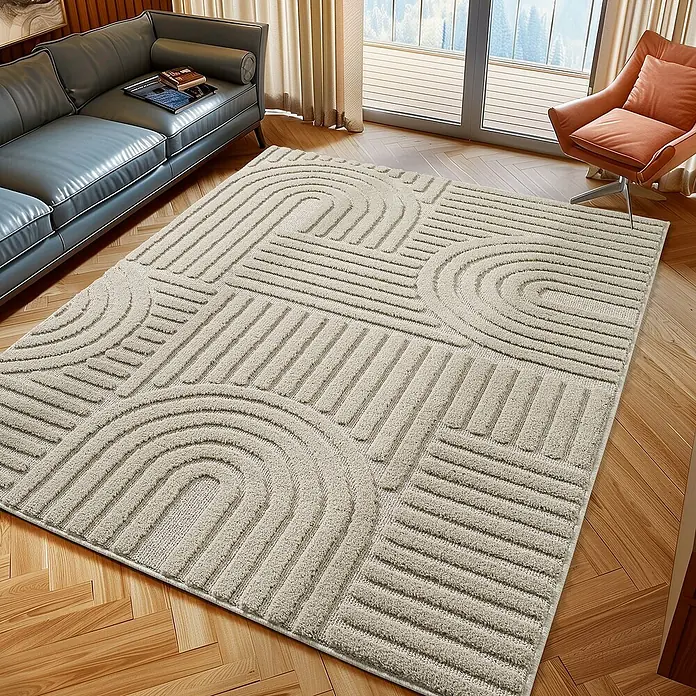 Kurzflorteppich Art - Beige, 150 x 80 cm, 100 % Polypropylen - Beigefarbener Teppich mit abstraktem, modernem Muster im Wohnzimmer, der dem Raum einen stilvollen Touch verleiht.