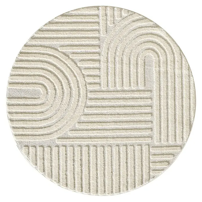 Kurzflorteppich Art - Creme, Durchmesser: 120 cm, 100 % Polypropylen - Helles, cremefarbenes Rundteppich mit erhabenem geometrischem Muster aus geraden und geschwungenen Linien.