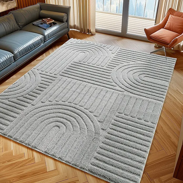 Kurzflorteppich Art - Silber, 290 x 200 cm, 100 % Polypropylen - Ein grauer Teppich mit einem geometrischen Muster aus Linien und Kreisen liegt auf einem Holzboden.