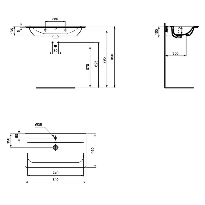 Ideal Standard Connect Air Einbauwaschbecken - 84 x 46 cm, Ohne Spezialglasur, Hahnloch: Mitte, Mit Überlauf, Weiß - Produktzeichnung eines Waschbeckens mit Maßen für Installation und Design, inklusive Aufsicht und Seitenansicht.