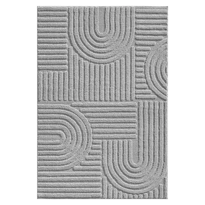 Kurzflorteppich Art - Silber, 290 x 200 cm, 100 % Polypropylen - Heller, strukturierter Teppich mit erhabenen geometrischen Mustern aus Linien und konzentrischen Bögen.