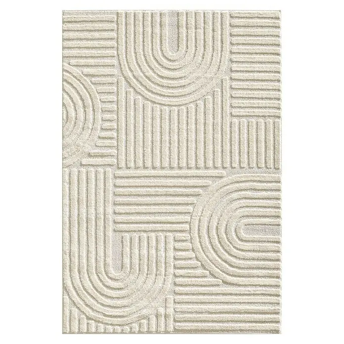 Kurzflorteppich Art - Creme, 230 x 160 cm, 100 % Polypropylen - Beiger Teppich mit erhabenem, geometrischem Muster aus parallelen Linien und konzentrischen Bögen.