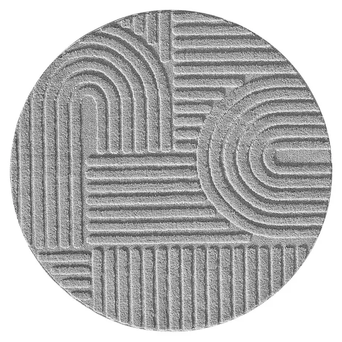 Kurzflorteppich Art - Silber, Durchmesser: 120 cm, 100 % Polypropylen - Runder grauer Badteppich mit erhabenem, weichem geometrischem Muster aus Bögen und Linien.