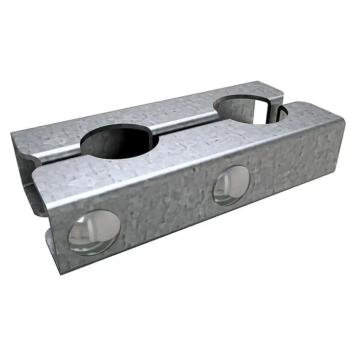 Schake Scharnier - 180 x 90 mm, Passend für: Schake Bauzäune - Zwei-teilige Kabelklemme aus verzinktem Metall mit runden Seitenöffnungen.