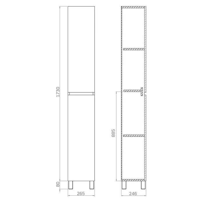 Armario alto de baño de baño Inter - An x Pr x Al: 26,5 x 24,6 x 173 cm, Roble wuaira, Efecto madera - Imagen de un armario alto de cocina con medidas detalladas.