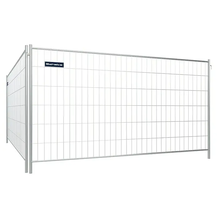 Schake Bauzaun Set Profi - Länge: 35 m, Höhe: 2 m, Stahl - Silberner Bauzaun aus Metallgitter mit blauem 'Schake'-Logo.