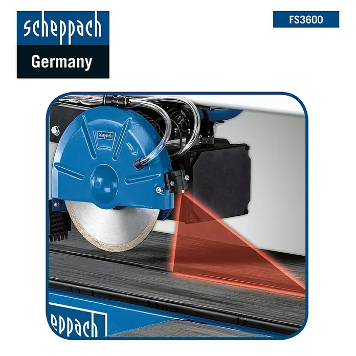 Scheppach Elektro-Fliesenschneider FS3600 - 900 W, Max. Schnittlänge: 920 mm, Schnitttiefe bei 90 °: 36 mm - Detailaufnahme der Scheppach FS3600 Fliesenschneidmaschine mit Laserführung für präzise Schnitte. Ideal für professionelle Ergebnisse.