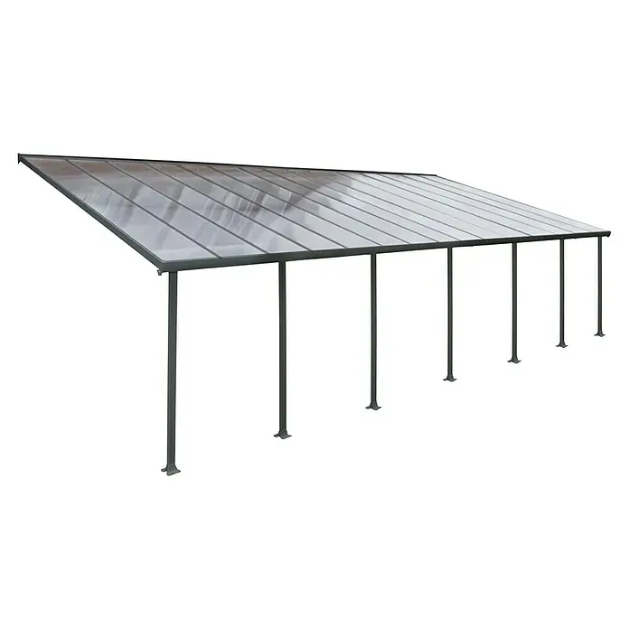 Solid Elements Terrassenüberdachung Martina - B x T: 1.031 x 400 cm, Anthrazitgrau, Polycarbonat, Transparent - Das Bild zeigt einen modernen, freistehenden Unterstand mit stabilen Pfosten und einem transparenten Dach, ideal für den Außenbereich.
