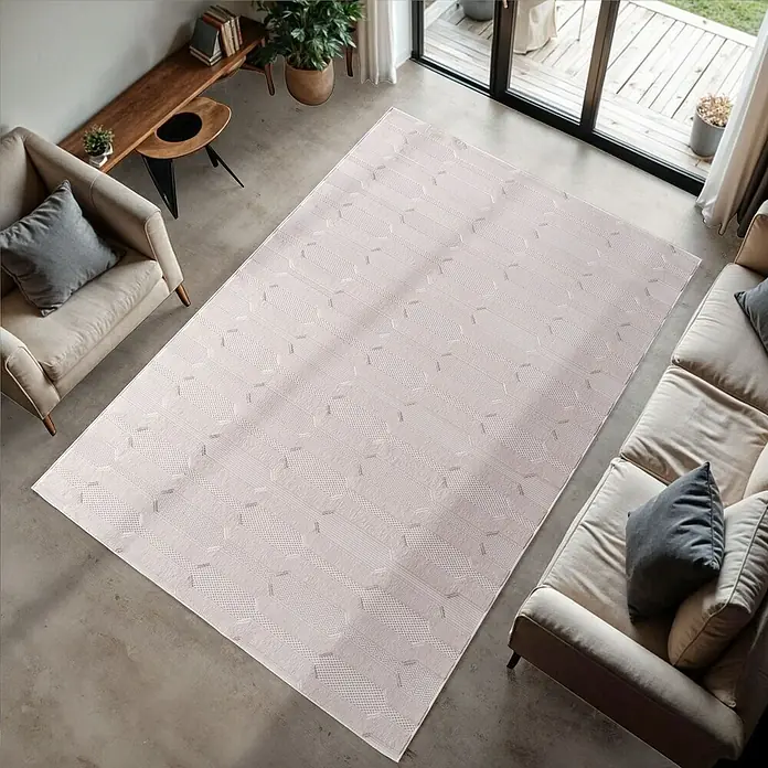 Kurzflorteppich Doha 1654 - Creme, 340 x 240 cm, 100 % Polypropylen - Beigefarbener Teppich mit geometrischem Muster, der einen Hauch von Eleganz in jeden Wohnraum bringt. Die Textur sorgt für Komfort unter den Füßen.