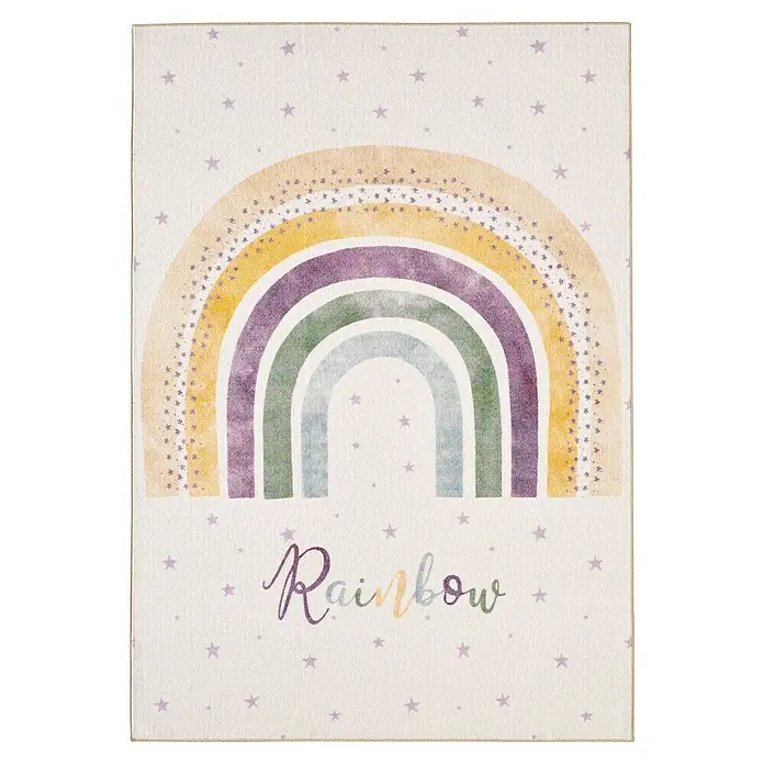 Kinderteppich Play 2018 - Creme, 170 x 120 cm, 100 % Polypropylen - Heller Teppich mit Aquarell-Regenbogen in Pastelltönen und lila Sternen, dazu "Rainbow"-Schriftzug.