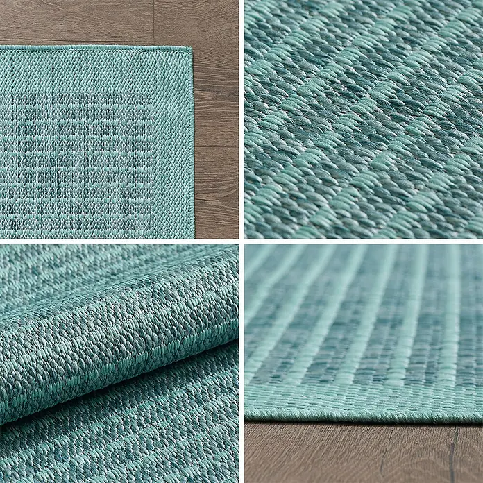 Outdoor-Teppich Giza 1410 - Blau, 200 x 140 cm, 100 % Polypropylen - Nahaufnahme eines türkisfarbenen Outdoor-Teppichs mit detailliertem Webmuster und robuster Textur, ideal für den Außenbereich.