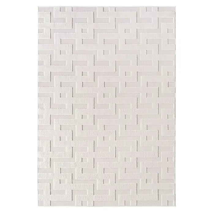 Kurzflorteppich Doha 1656 - Creme, 150 x 80 cm, 100 % Polypropylen - Weißer Teppich mit erhabenem geometrischem Labyrinthmuster.
