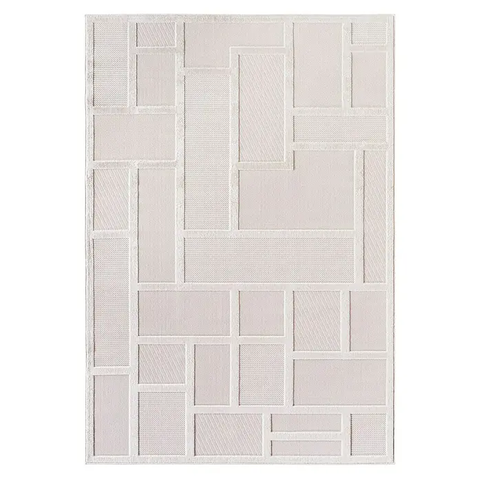 Kurzflorteppich Doha 1657 - Creme, 200 x 140 cm, 100 % Polypropylen - Weißer rechteckiger Teppich mit erhabenem geometrischem Muster aus Quadraten und Rechtecken, mit subtilen Texturunterschieden.