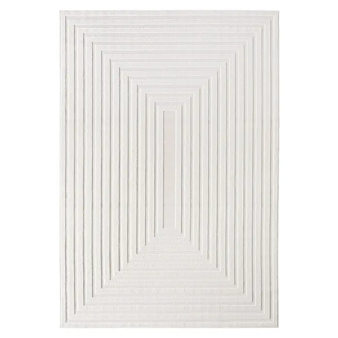 Kurzflorteppich Doha 1653 - Creme, 370 x 280 cm, 100 % Polypropylen - Weißer rechteckiger Teppich mit strukturiertem Muster aus konzentrischen Rechtecken und Streifen.