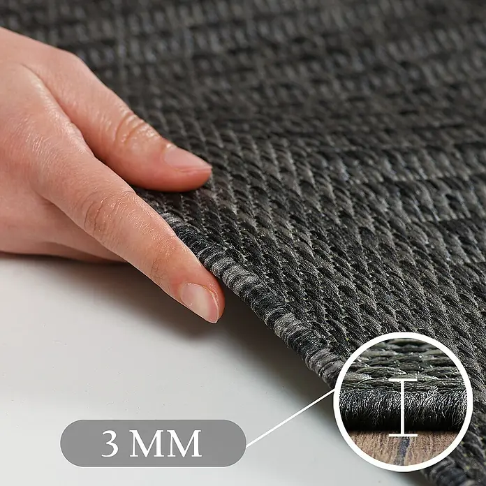 Outdoor-Teppich Giza 1410 - Schwarz, Durchmesser: 200 cm, 100 % Polypropylen - Dunkelgrauer Webteppich, 3 mm dünn, mit Hand zur Größenanzeige.