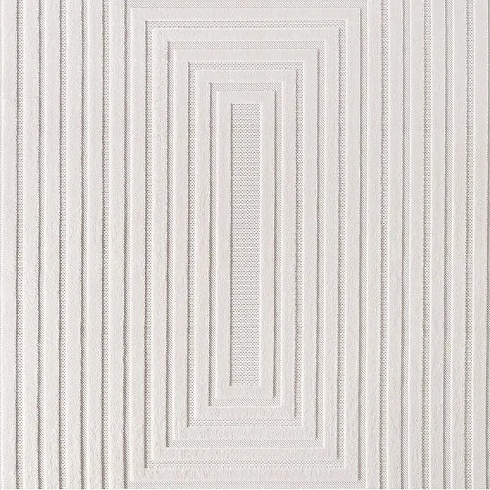 Kurzflorteppich Doha 1653 - Creme, 370 x 280 cm, 100 % Polypropylen - Nahaufnahme einer weißen, strukturierten Oberfläche mit einem versenkten Rechteckmuster, ideal für Designprojekte.